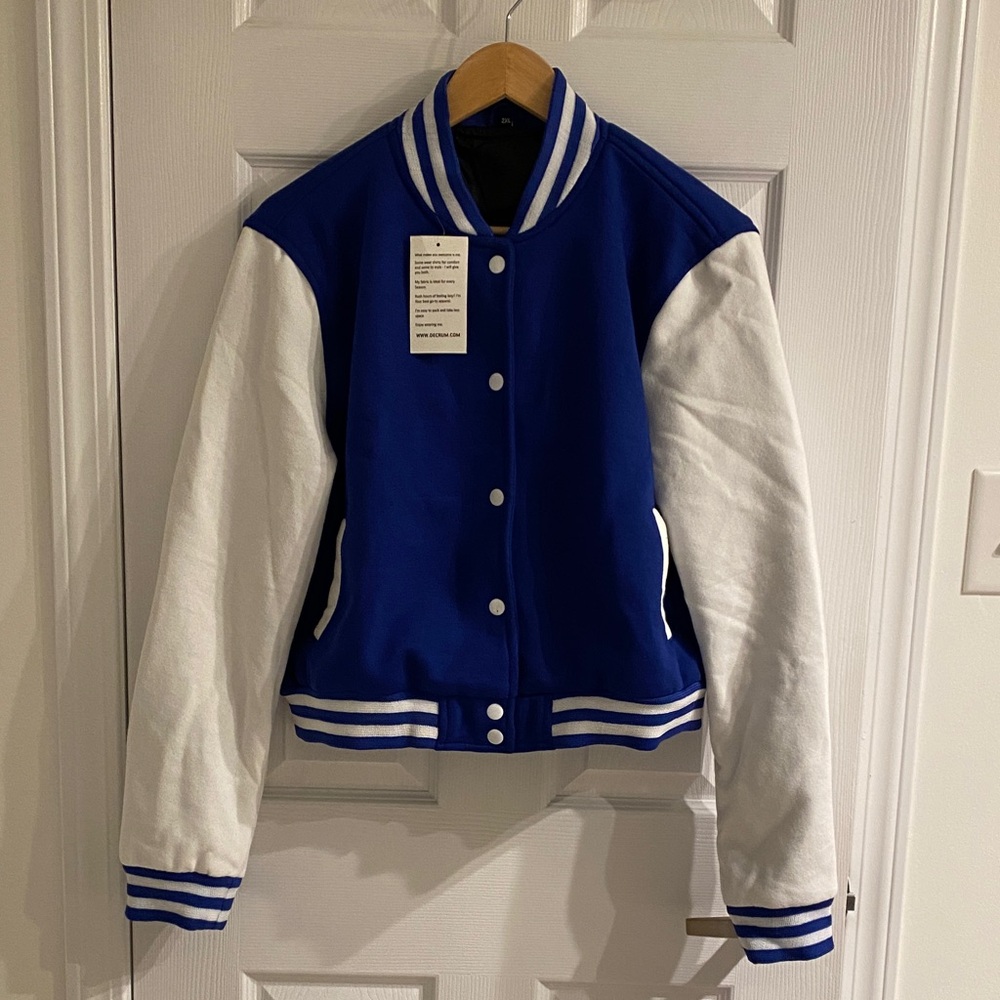 Blue and White Varsity Letterman Jacket, cropped, BNWT size 2XL pockets